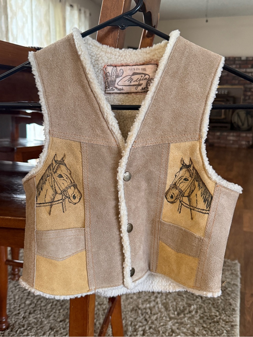 Vintage Kids Western Suede Sherpa Vest | Horse Design | Fits Approximately 4T